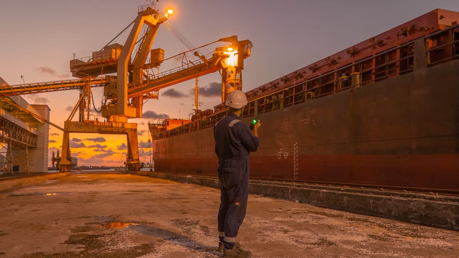 Pekerja pelabuhan memeriksa kapal kargo di dermaga